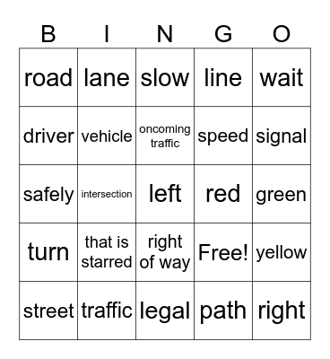 drivers ed Bingo Card