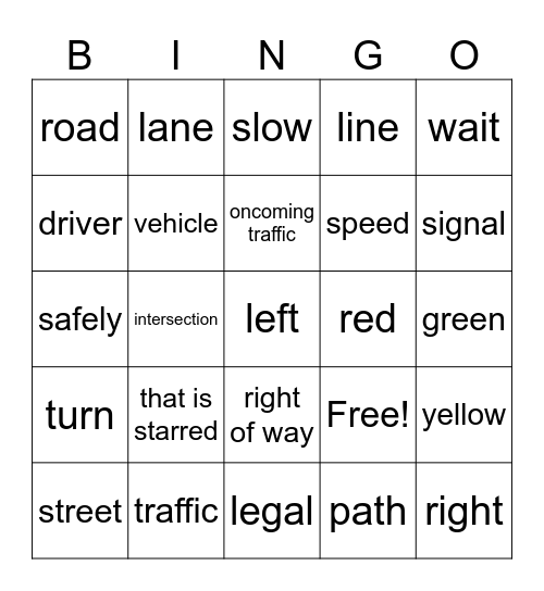 drivers ed Bingo Card