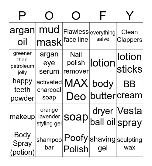 My Favorite Poofy Products Bingo Card