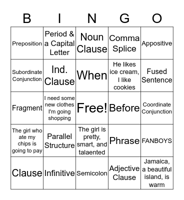 Grammar Bingo Card