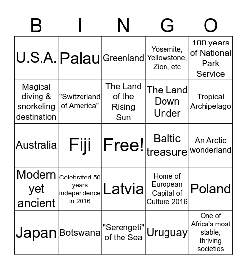 Travel Top Ten! Bingo Card