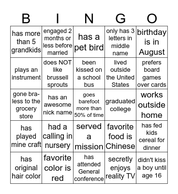 Getting to know you Bingo Card