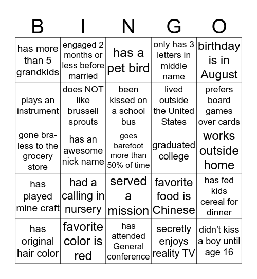 Getting to know you Bingo Card