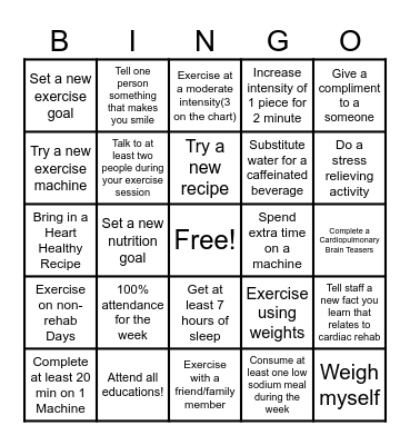 Cardiopulmonary Rehab Spring Bingo Card