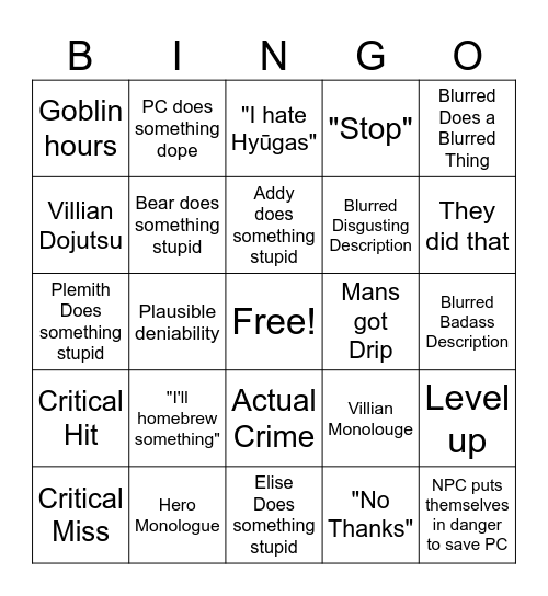 Blurred Bingo Card