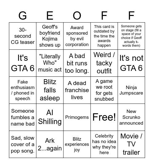 The Game Awards 2023: GTA-ening Edition Bingo Card