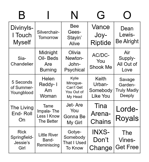 Radio Bingo: Down Under Bingo Card
