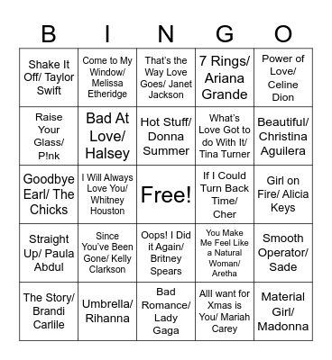 TOP FEMALE ARTISTS Bingo Card
