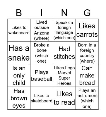 Get to know you Bingo Card