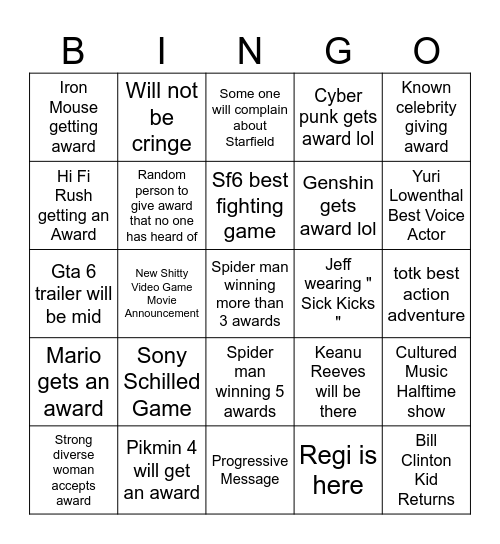 Game Awards Bingo Card