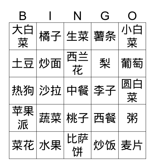 蔬菜水果 Bingo Card