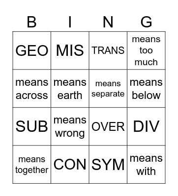 Prefix Bingo Card