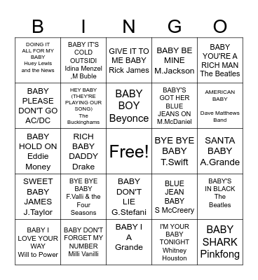songs about BABY Bingo Card