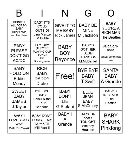 songs about BABY Bingo Card