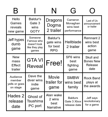 The Game Awards 2023 Bingo Card