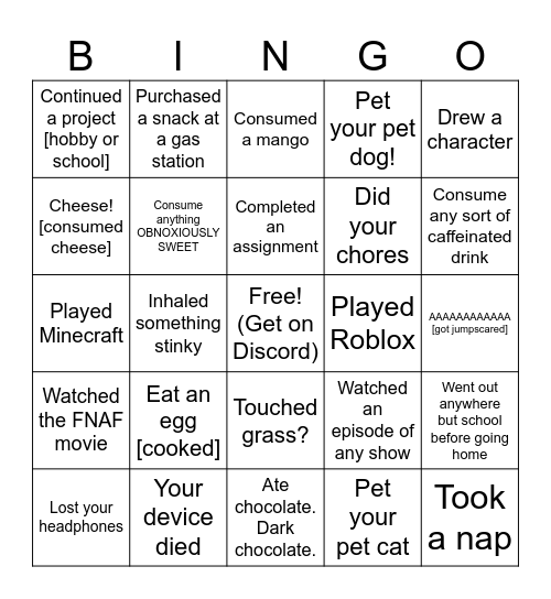 What you did bingo!??!?? Bingo Card