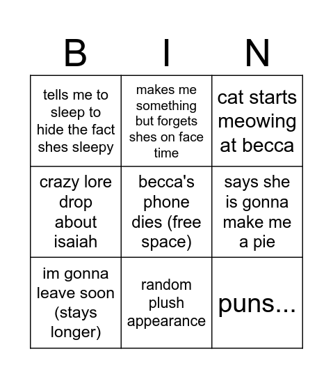 becca facetime bingo Card