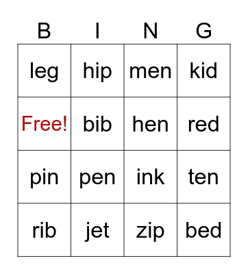 Phonics short e/i Bingo Card