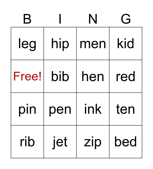 Phonics short e/i Bingo Card