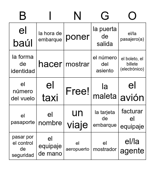 Spanish 2: el avión Bingo Card