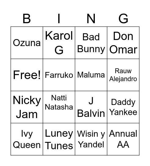 Reggaeton Bingo Card