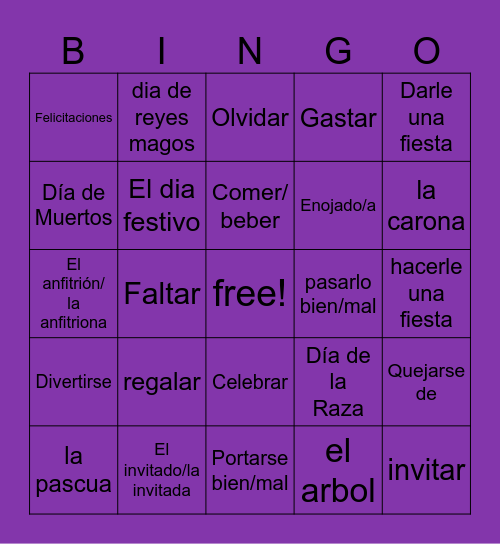 Spanish vocabulary Bingo Card