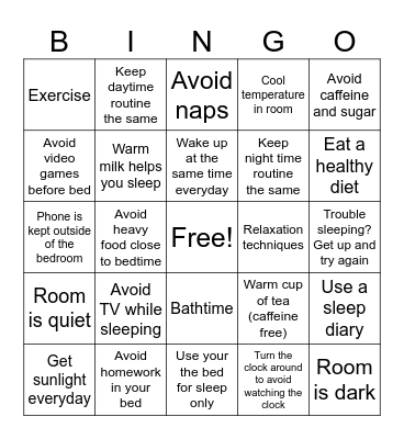 Good Sleep Hygiene Bingo Card