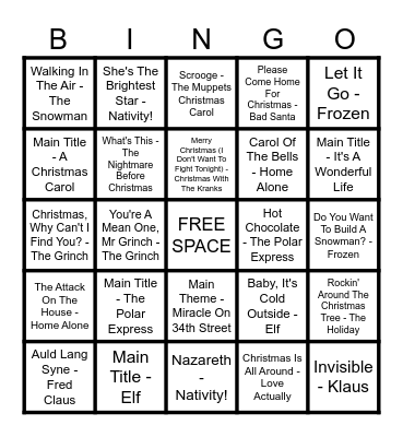 ⛄ MUSIC BINGO - CHRISTMAS MOVIES ⛄ Bingo Card