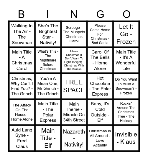 ⛄ MUSIC BINGO - CHRISTMAS MOVIES ⛄ Bingo Card