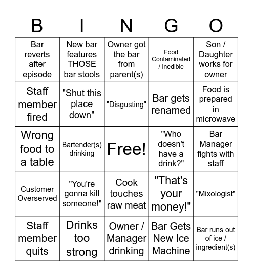 Bar Rescue Bingo Card