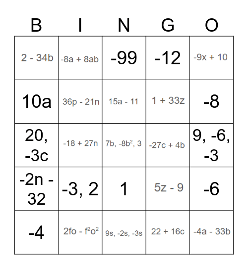 Expressions! Expressions! Expressions!! Bingo Card