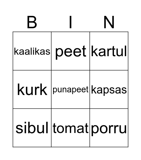 Köögiviljad Bingo Card