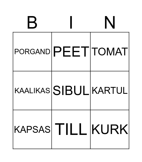 KÖÖGIVILJAD Bingo Card