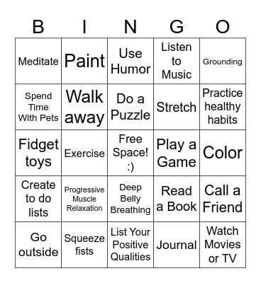 Positive Coping Skills Bingo Card
