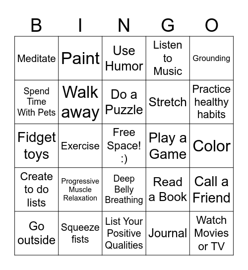 Positive Coping Skills Bingo Card