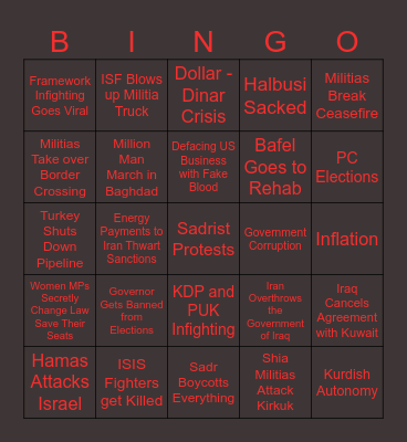 Iraq 2023 Disaster Bingo Card