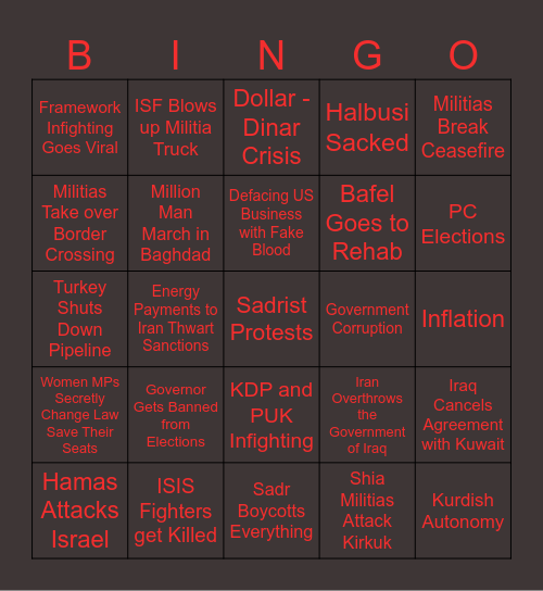 Iraq 2023 Disaster Bingo Card