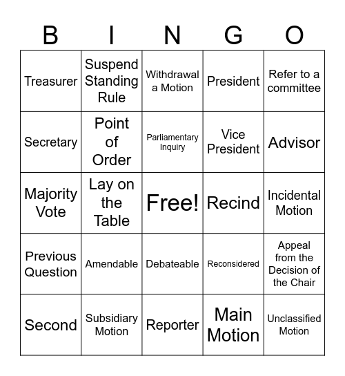 Parliamentary Procedure Bingo Card