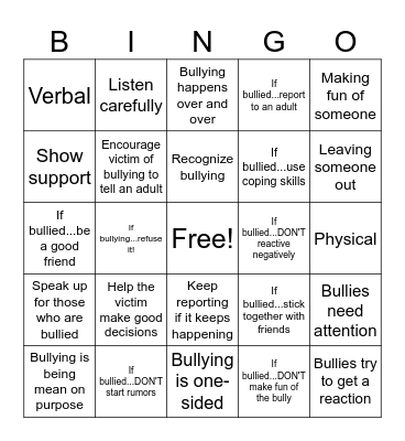 Bully Free Bingo Card