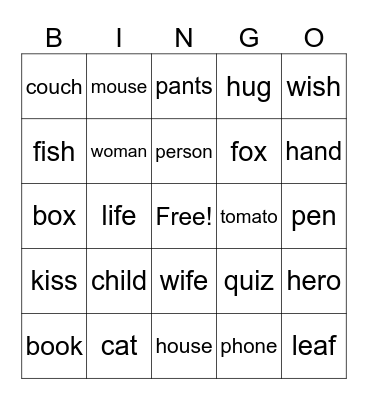 Irregular plurals Bingo Card