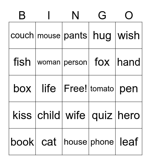 Irregular plurals Bingo Card