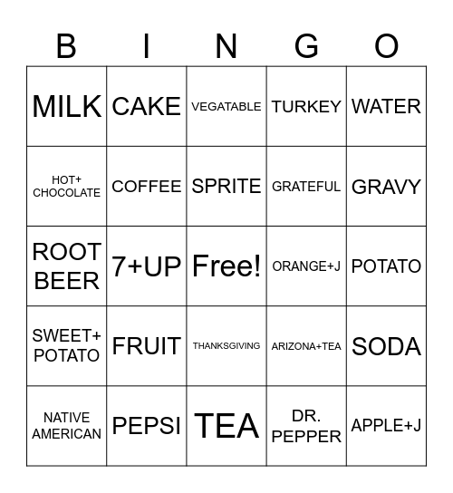 Unit 2 - Beverages and Thanksgiving Bingo Card