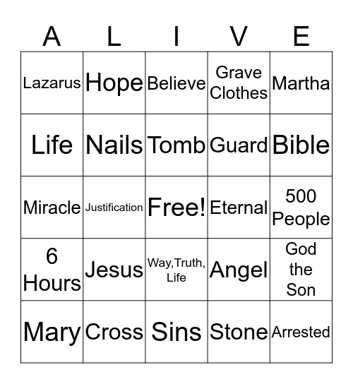 Resurrection Bingo Card