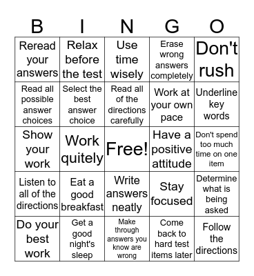 Test Taking Tips Bingo Card