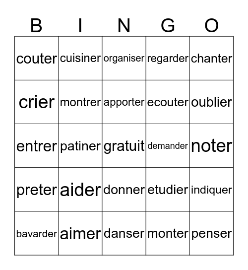 ER verbs Bingo Card