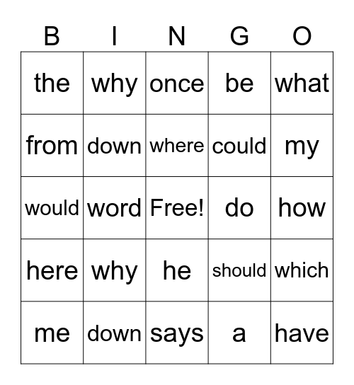 Tricky Word Bingo Card