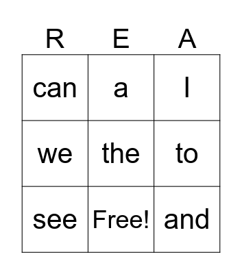 Kinder Sight Words Bingo Card