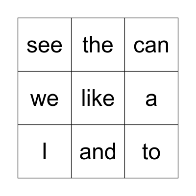 Kinder Sight Words Bingo Card