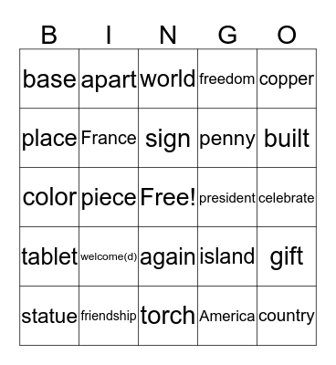 The Stoy of the Statue Bingo Card