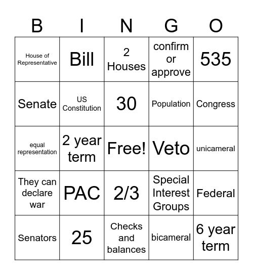 Legislature and Special Interest Groups Bingo Card